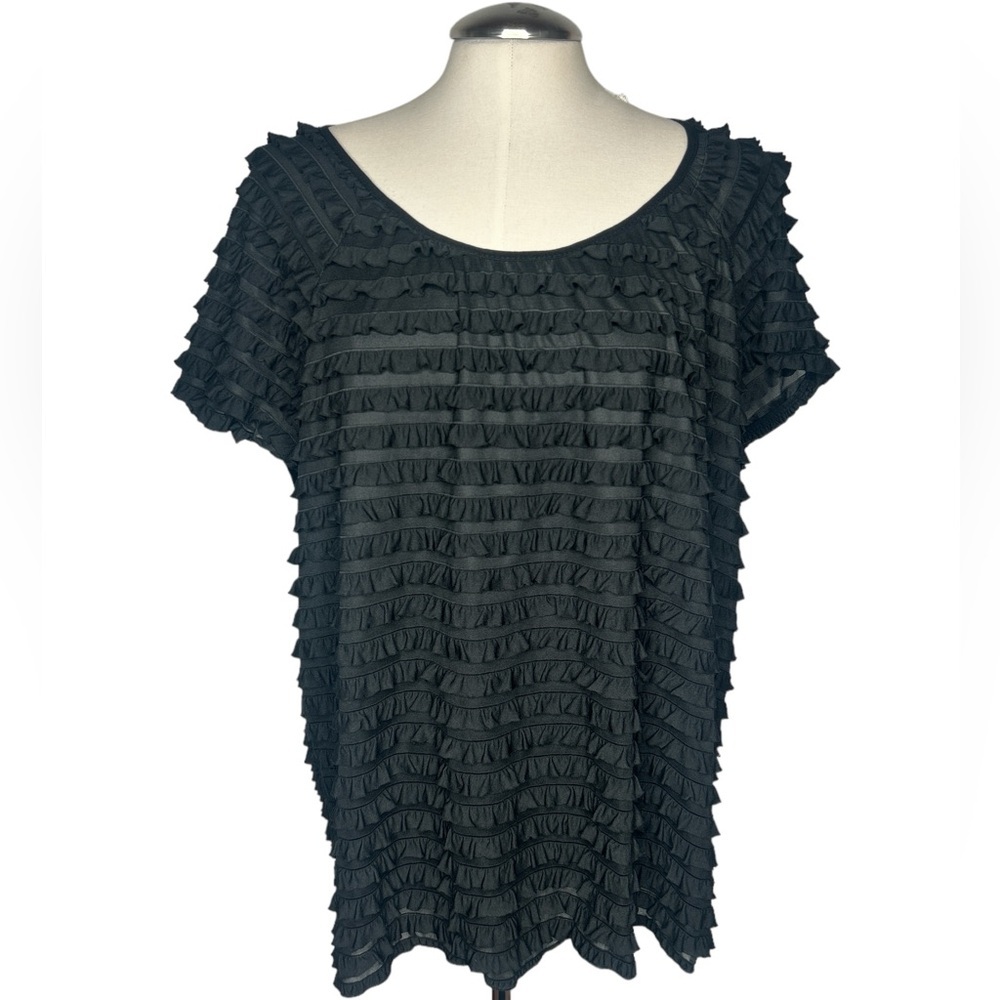 Round Neck Short Sleeve Black Ruffle Stretchy Sheer Dressy Blouse Size 3XL